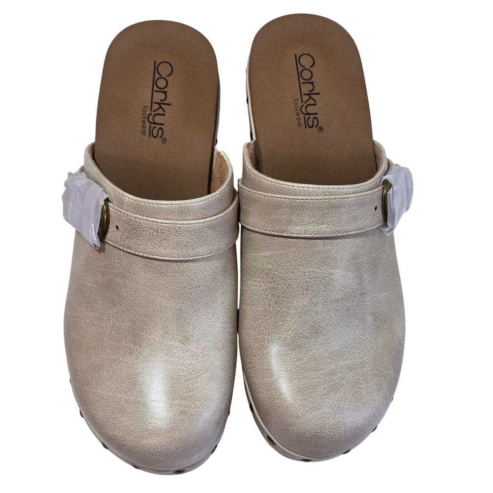 Corkys Who Knew Womens Champagne Metallic Studded Cork Wedge Clog Mules Size 9